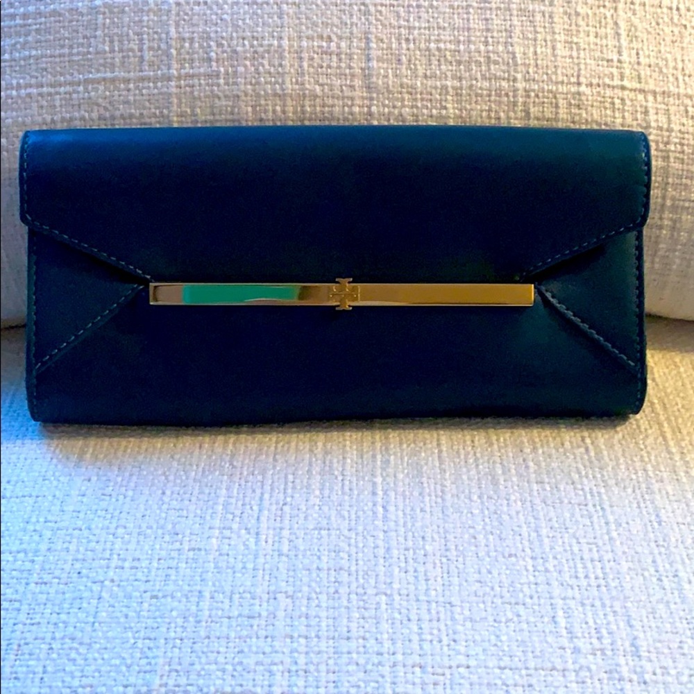 TORY BURCH teal leather clutch with gold, like new